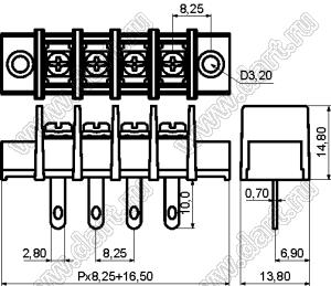 KF35HM-8.25-15P-13 (DG35H-A-15P-13) клеммник барьерный, выводы на провод, корпус с монтажными ушами; шаг=8,25мм; I max=20/24А (стандарт UL/ICT); U=300/450В (стандарт UL/ICT); 15-конт.