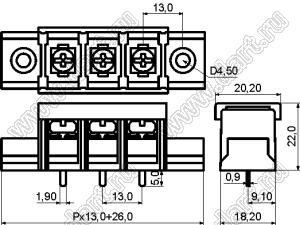 KF78CM-13.0-23P-13 (DG78C-A-23P-13) клеммник барьерный, выводы прямые в плату по центру сечения, корпус с монтажными ушами, с крышкой; шаг=13мм; I max=30/41А (стандарт UL/ICT); U=600/750В (ста