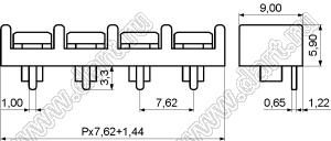 KFD7.62-19P-13 клеммник барьерный, выводы прямые в плату, корпус высотой 5.9 мм; шаг=7,62мм; I max=20/24А (стандарт UL/ICT); U=300/250В (стандарт UL/ICT); 19-конт.