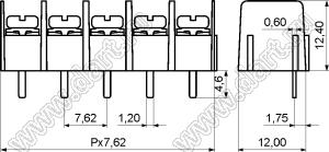 KF7.62L-15P-13 клеммник барьерный, выводы прямые в плату, корпус высотой 12.4 мм; шаг=7,62мм; I max=20/24А (стандарт UL/ICT); U=300/250В (стандарт UL/ICT); 15-конт.