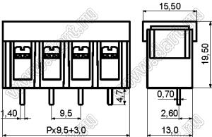 KF48S-9.5-20P-13 (DG48S-B-20P-13) клеммник барьерный, выводы прямые в плату, с крышкой; шаг=9,5мм; I max=30/32А (стандарт UL/ICT); U=300/750В (стандарт UL/ICT); 20-конт.