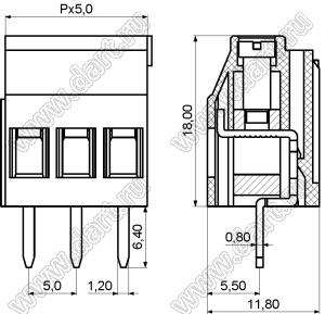 KF129L-5.0-03P-14 клеммник винтовой, однорядный, прямой; шаг=5,00мм; H=18,00мм; I max=20/24А; U=300/250В; 3-конт.