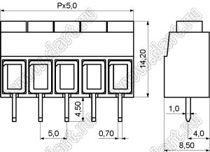 KF168-5.0-07P-11 клеммник винтовой, однорядный; шаг=5,00мм; H=14,20мм; I max=15/22А; U=250/250В; 7-конт.