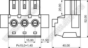 KF2EDGSKM-15.0-04P-14 розетка на провод с монтажными ушами; шаг=15мм; I max=115/125А (UL/ICT); U=600/1000В (UL/ICT); 4-конт.