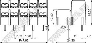 KF7.62HL-24P-13 клеммник барьерный, выводы прямые в плату, корпус двойной высотой 12.4/19.2 мм; шаг=7,62мм; I max=20/24А (стандарт UL/ICT); U=300/250В (стандарт UL/ICT); 24-конт.