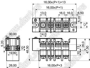 KF47SS-16.0-02P-13 клеммник барьерный, двухсторонние зажимы, корпус с монтажными ушами, с крышкой на винтах; шаг=16мм; I max=65/76А (стандарт UL/ICT); U=600/1000В (стандарт UL/ICT); 2-конт.