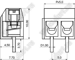 KF301-5.0-02P-12 (DG301-5.0-02P-12) ROHS клеммник винтовой прямой; шаг=5,00мм; H=10,00мм; I max=16/17А; U=300/250В; 2-позиц.