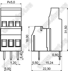 KF129C-5.0-03P-14 клеммник винтовой, двухрядный, прямой; шаг=5,00мм; H=31,50мм; I max=20/24А; U=300/250В; 3-конт.