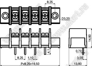 KF35SM-8.25-13P-13 (DG35S-A-13P-13) клеммник барьерный, выводы прямые в плату, корпус с монтажными ушами; шаг=8,25мм; I max=20/24А (стандарт UL/ICT); U=300/450В (стандарт UL/ICT); 13-конт.