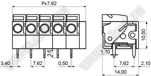 KF142R-7.62-01P-14 клеммник нажимной, однорядный, угловой; шаг=7,62мм; H=10,50мм; I max=10/15А; U=300/250В; 1-xx-конт.