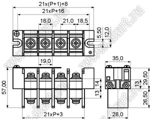 KF57SS-21.0-10P-13 клеммник барьерный, двухсторонние зажимы, корпус с монтажными ушами, с крышкой на винтах; шаг=21мм; I max=115/125А (стандарт UL/ICT); U=600/1000В (стандарт UL/ICT); 10-конт.