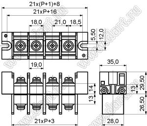 KF57-21.0-09P-13 клеммник барьерный, двухсторонние зажимы, корпус с монтажными ушами; шаг=21мм; I max=115/125А (стандарт UL/ICT); U=600/1000В (стандарт UL/ICT); 9-конт.