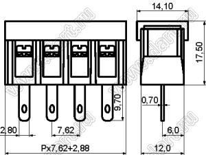 KF28H-7.62-22P-13 клеммник барьерный на провод прямой; шаг=7,62мм; I max=20/24А (стандарт UL/ICT); U=300/250В (стандарт UL/ICT); 22-позиц.