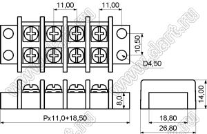 KF69-11.0-03P-13 (DG69-A-03P-13) клеммник барьерный, корпус двухрядный с монтажными ушами; шаг=11мм; I max=25/32А (стандарт UL/ICT); U=750В (стандарт UL/ICT); 3-конт.