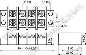 KF69-11.0-02P-13 (DG69-A-02P-13) клеммник барьерный, корпус двухрядный с монтажными ушами; шаг=11мм; I max=25/32А (стандарт UL/ICT); U=750В (стандарт UL/ICT); 2-конт.