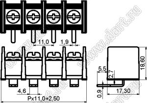 KF65R-11.0-10P-13 (DG65R-B-10P-13) клеммник барьерный, выводы угловые в плату; шаг=11мм; I max=30/32А (стандарт UL/ICT); U=600/750В (стандарт UL/ICT); 10-конт.