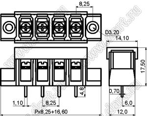 KF38CM-8.25-16P-13 (DG38C-A-16P-13) клеммник барьерный, выводы прямые в плату по центру сечения, корпус с монтажными ушами, с крышкой; шаг=8,25мм; I max=20/24А (стандарт UL/ICT); U=300/450В (с