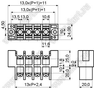 KF37-13.0-04P-13 клеммник барьерный, двухсторонние зажимы, корпус с монтажными ушами; шаг=13мм; I max=50/57А (стандарт UL/ICT); U=600/750В (стандарт UL/ICT); 4-конт.