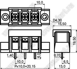 KF58CM-10.0-17P-13 (DG58C-A-17P-13) клеммник барьерный на плату прямой с монтажными ушами с крышкой; шаг 10мм; 17-позиц.; I max=30А; U=300В