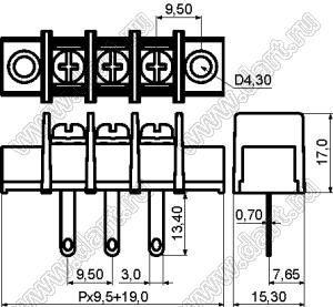 KF45HM-9.5-20P-13 (DG45H-A-20P-13) клеммник барьерный, выводы на провод, корпус с монтажными ушами; шаг=9,5мм; I max=30/32А (стандарт UL/ICT); U=300/750В (стандарт UL/ICT); 20-конт.