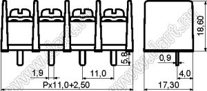 KF65S-11.0-18P-13 (DG65S-B-18P-13) клеммник барьерный, выводы прямые в плату; шаг=11мм; I max=30/32А (стандарт UL/ICT); U=600/750В (стандарт UL/ICT); 18-конт.