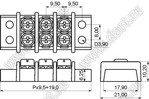 KF49M-9.5-09P-13 (DG49-A-09P-13) клеммник барьерный, корпус двухрядный с монтажными ушами; шаг=9,5мм; I max=20/32А (стандарт UL/ICT); U=450В (стандарт UL/ICT); 9-конт.