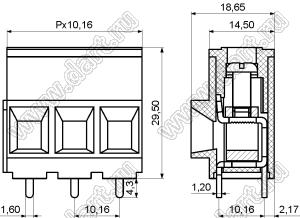 KF135T-10.16-02P-14 клеммник винтовой, однорядный, прямой; шаг=10,16мм; шаг=10,16мм; H=29,50мм; I max=65/57А (стандарт UL/ICT); U=300/750В (стандарт UL/ICT); 2-конт.