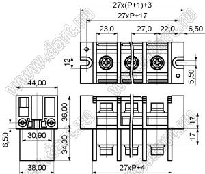 KF67S-27.0-12P-13 клеммник барьерный, двухсторонние зажимы, корпус с монтажными ушами, с крышкой на защелках; шаг=27мм; I max=170А (стандарт UL/ICT); U=600/1000В (стандарт UL/ICT); 12-конт.