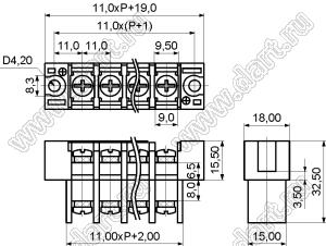 KF27S-11.0-15P-13 клеммник барьерный, двухсторонние зажимы, шаг 11.00 мм, корпус с монтажными ушами, с крышкой на защелках; шаг=11мм; I max=30/32А (стандарт UL/ICT); U=300/750В (стандарт UL/IC