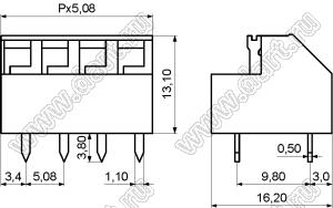 KF237-5.08-23P-14 (DG237-5.08-23P-14) клеммник нажимной; шаг=5,08мм; H=13,10мм; I max=10/10А; U=300/300В; 23-позиц.