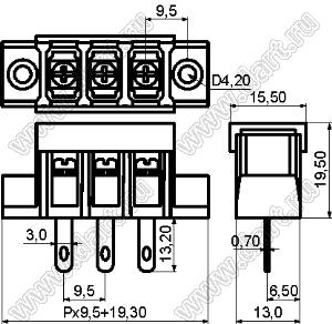 KF48HM-9.5-20P-13 (DG48H-A-20P-13) клеммник барьерный, выводы на провод, корпус с монтажными ушами, с крышкой; шаг=9,5мм; I max=30/32А (стандарт UL/ICT); U=300/750В (стандарт UL/ICT); 20-конт.