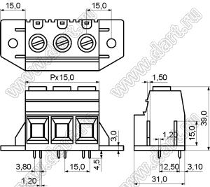 KF137TM-15.0-03P-14 клеммник винтовой, однорядный, прямой, с монтажными ушами; шаг=15,00мм; H=39,00мм; I max=125/115А; U=600/1000В; 3-конт.