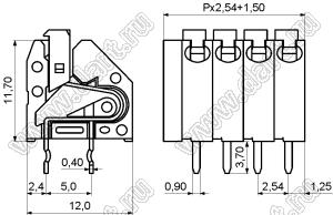 KF250-2.54-01P-11 клеммник нажимной, однорядный; шаг=2,54мм; H=11,70мм; I max=2/2А; U=300/250В; 1-xx-конт.