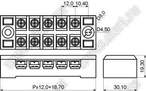 TB25-12.0-08P-13 клеммник барьерный, корпус двухрядный с монтажными ушами; шаг=12мм; I max=20/32А (стандарт UL/ICT); U=600/750В (стандарт UL/ICT); 8-конт.