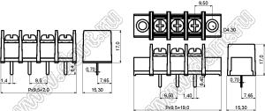 KF45C-9.5-19P-13 (DG45C-B-19P-13) клеммник барьерный, выводы прямые в плату по центру сечения; шаг=9,5мм; I max=30/32А (стандарт UL/ICT); U=300/750В (стандарт UL/ICT); 19-конт.