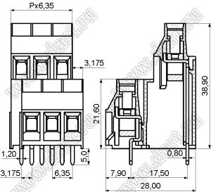 KF635A-6.35-03P-14 клеммник винтовой, двухрядный, прямой; шаг=6,35мм; H=38,90мм; I max=30/32А; U=300/450В; 3-конт.