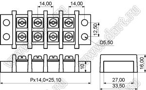 KF89-14.0-24P-13 (DG89-A-24P-13) клеммник барьерный, корпус двухрядный с монтажными ушами; шаг=14мм; I max=30/41А (стандарт UL/ICT); U=750В (стандарт UL/ICT); 24-конт.