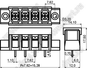 KF28CM-7.62-20P-13 (DG28C-A-20P-13) клеммник барьерный, выводы прямые в плату по центру сечения, корпус с монтажными ушами, с крышкой; шаг=7,62мм; I max=20/24А (стандарт UL/ICT); U=300/250В (с