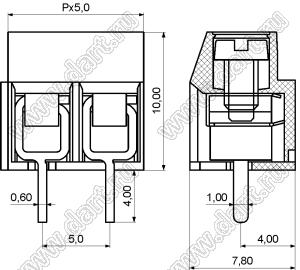 KF126-5.0-03P-14 клеммник винтовой, однорядный, прямой; шаг=5,00мм; H=10,00мм; I max=8/18А; U=250/250В; 3-конт.