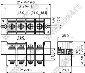 KF57S-21.0-04P-13 клеммник барьерный, двухсторонние зажимы, корпус с монтажными ушами, с крышкой на защелках; шаг=21мм; I max=115/125А (стандарт UL/ICT); U=600/1000В (стандарт UL/ICT); 4-конт.