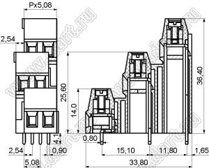 KF128A3-5.08-02P-14 клеммник винтовой, трехрядный, прямой; шаг=5,08мм; I max=10/24А; U=300/250В; 2-конт.