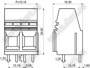 KFB-1016-10.16-02P-19 клеммник винтовой, однорядный, прямой; шаг=10,16мм; шаг=10,16мм; H=28,50мм; I max=65/57А (стандарт UL/ICT); U=300/650В (стандарт UL/ICT); 2-конт.