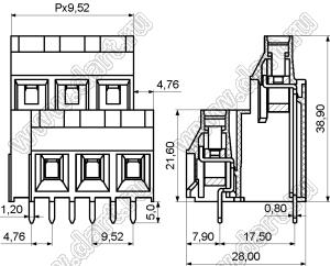 KF950A-9.52-03P-14 клеммник винтовой, двухрядный, прямой; шаг=9,52мм; H=38,90мм; I max=30/32А; U=300/750В; 3-конт.