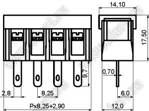 KF38H-04P-13 клеммник барьерный на провод с крышкой; шаг=8,25мм; I max=20/24А (стандарт UL/ICT); U=300/450В (стандарт UL/ICT); 4-позиц.