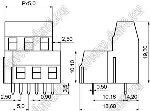 KF127A-5.0-03P-14 клеммник винтовой, двухрядный, прямой; шаг=5,00мм; H=19,20мм; I max=10/15А; U=300/250В; 3-конт.