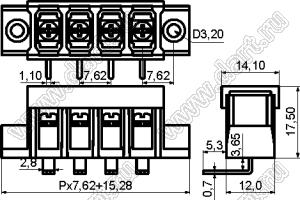 KF28RM-7.62-20P-13 (DG28R-A-20P-13) клеммник барьерный, выводы угловые в плату, корпус с монтажными ушами, с крышкой; шаг=7,62мм; I max=20/24А (стандарт UL/ICT); U=300/250В (стандарт UL/ICT); 