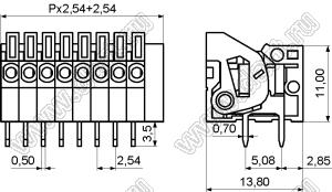 KF141R-2.54-03P-14 (DG141R-2.54-03P-14) клеммник нажимной; шаг=2,54мм; H=11,00мм; I max=2/6А; U=150/130В; 3-позиц.