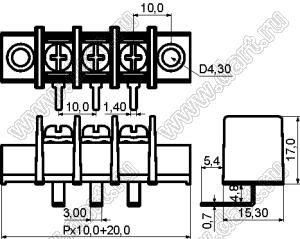 KF55RM-10.0-06P-13 (DG55R-A-06P-13) клеммник барьерный на плату угловой с монтажными ушами; шаг 10мм; 6-позиц.; I max=30А; U=300В