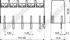 KF7.62H-11P-13 клеммник барьерный, выводы прямые в плату, корпус высотой 19.2 мм; шаг=7,62мм; I max=20/24А (стандарт UL/ICT); U=300/250В (стандарт UL/ICT); 11-конт.
