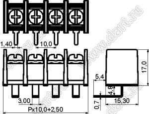 KF55R-10.0-07P-13 (DG55R-B-07P-13) клеммник барьерный на плату угловой; шаг 10мм; 7-позиц.; I max=30А; U=300В